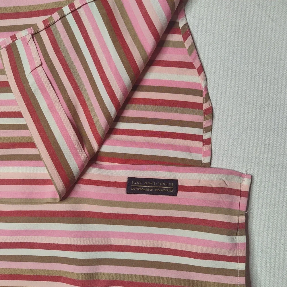 VTG Banana Republic Men Large Pink Striped Flip Cuff Cotton Button‎ Shirt